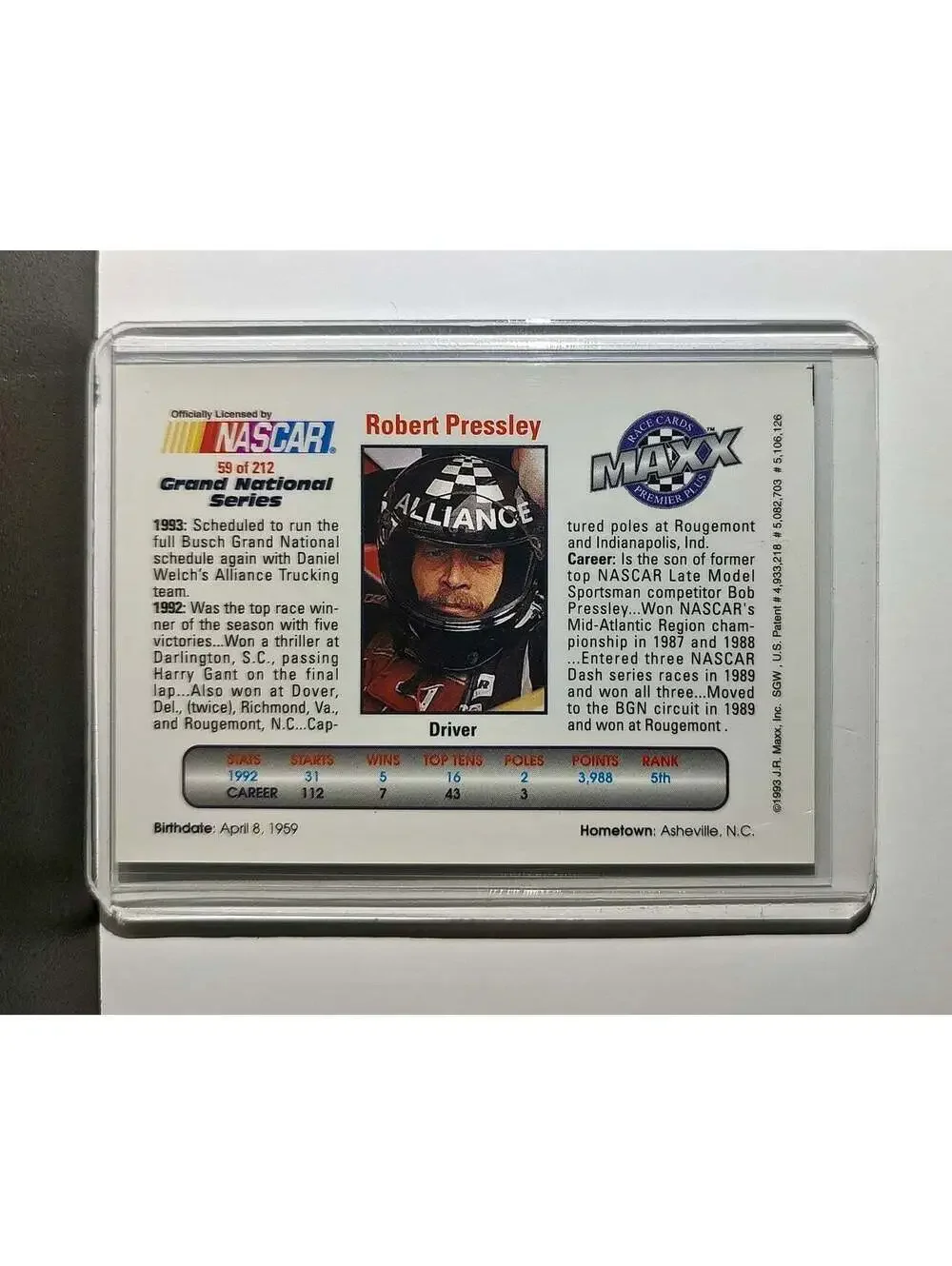 Robert Pressley 1993 Maxx Premier Plus Racing #59 NASCAR Card Alliance Racing